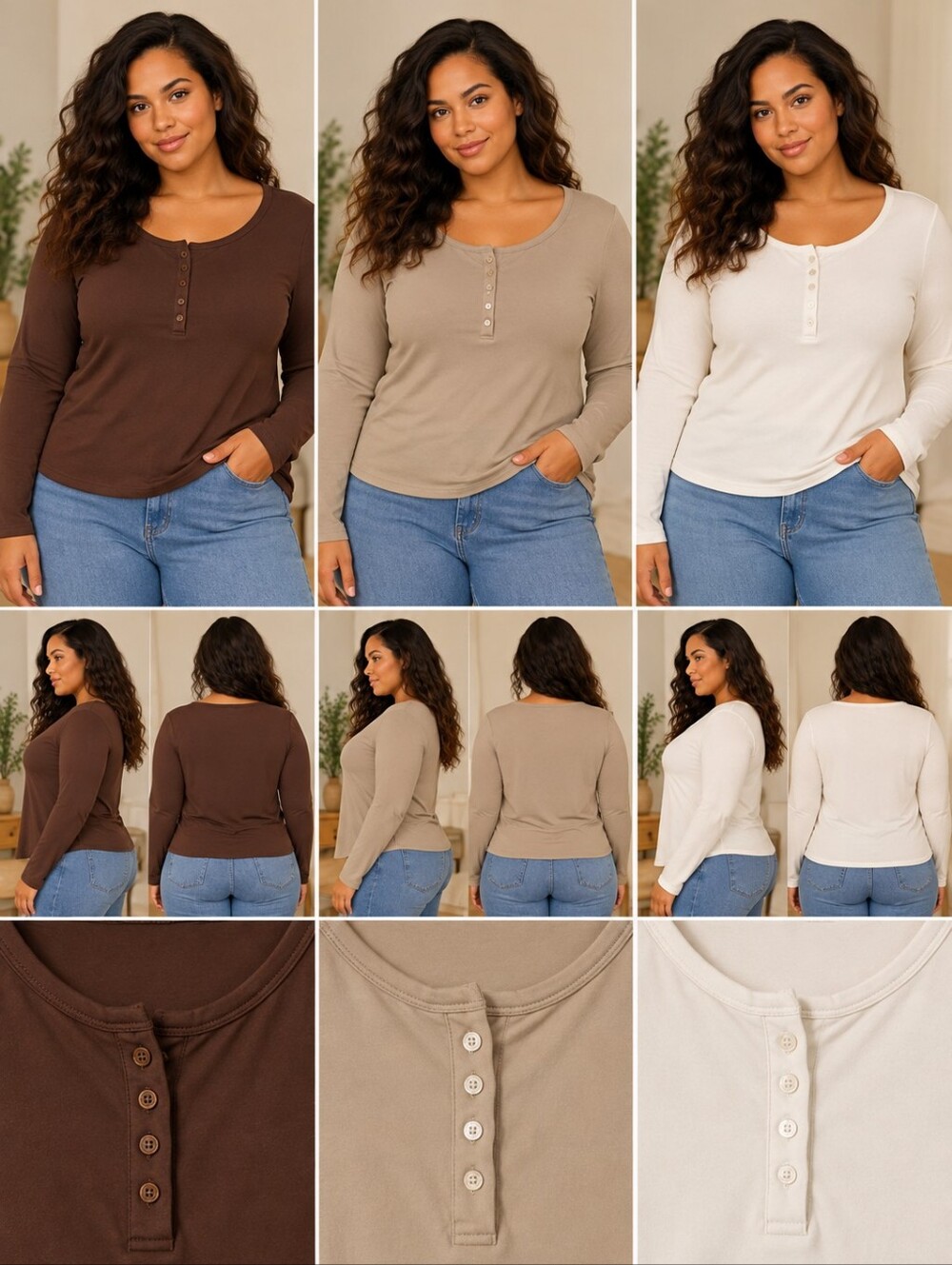 SHEIN Curve 3-Pack Long Sleeve Henley Tops – Size 3XL